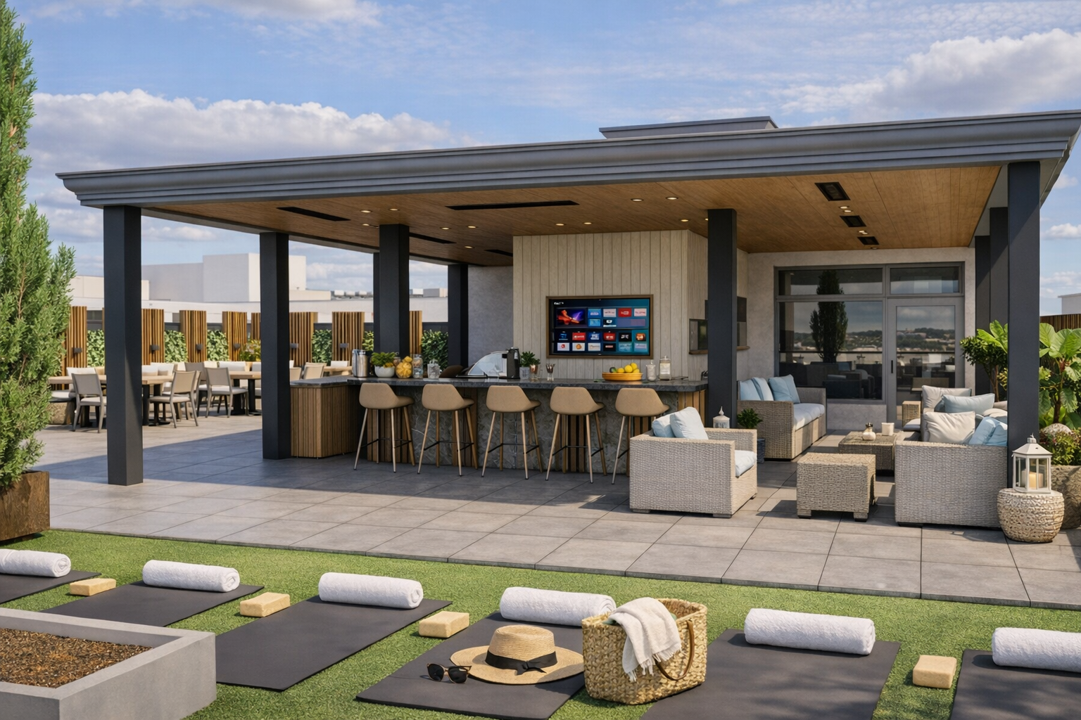 Santé Apartments — Rooftop terrace with lounge seating