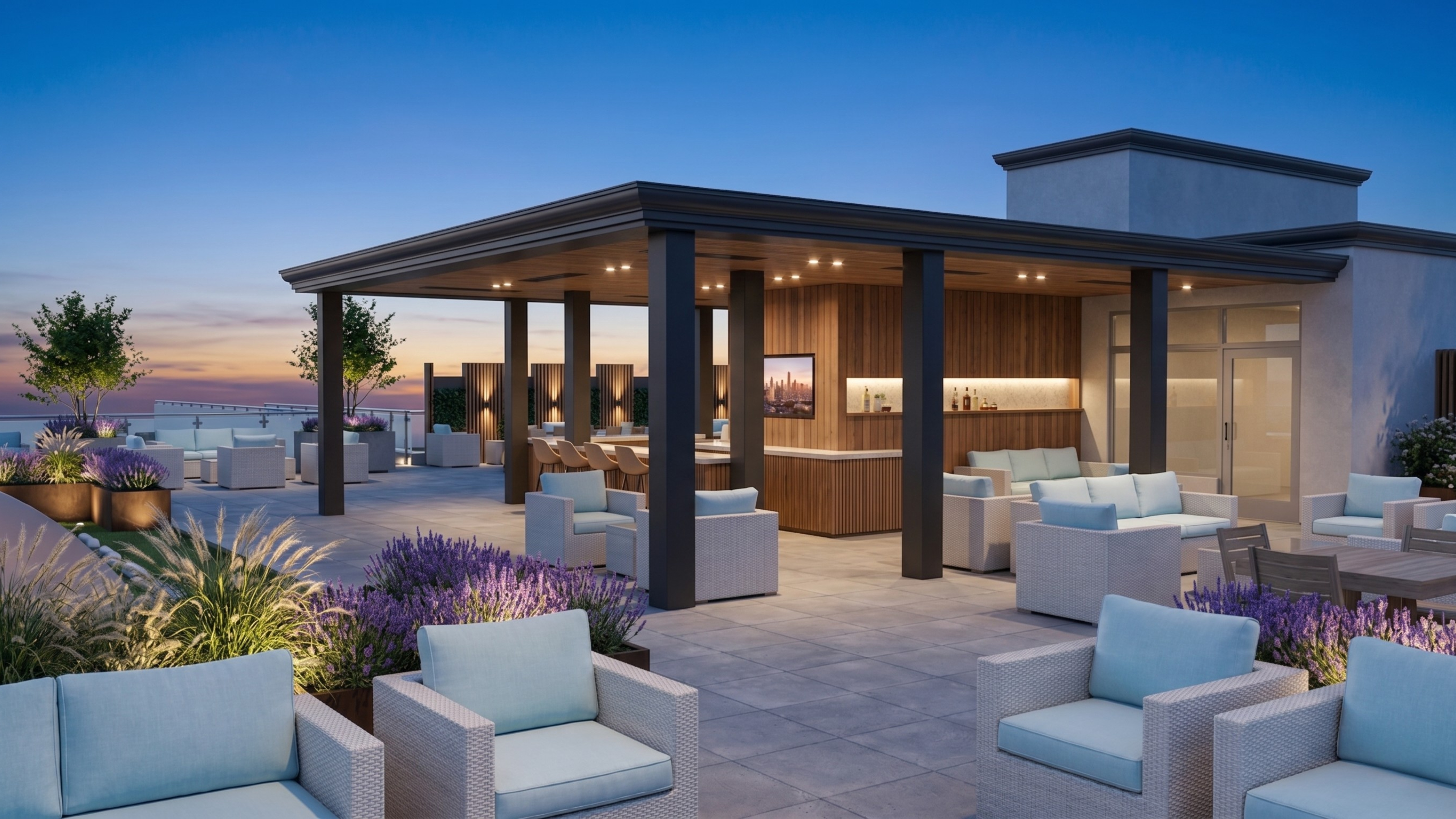 Rooftop lounge at twilight