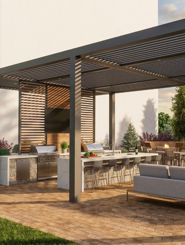 Santé Apartments — Outdoor kitchen with Green Egg grill station