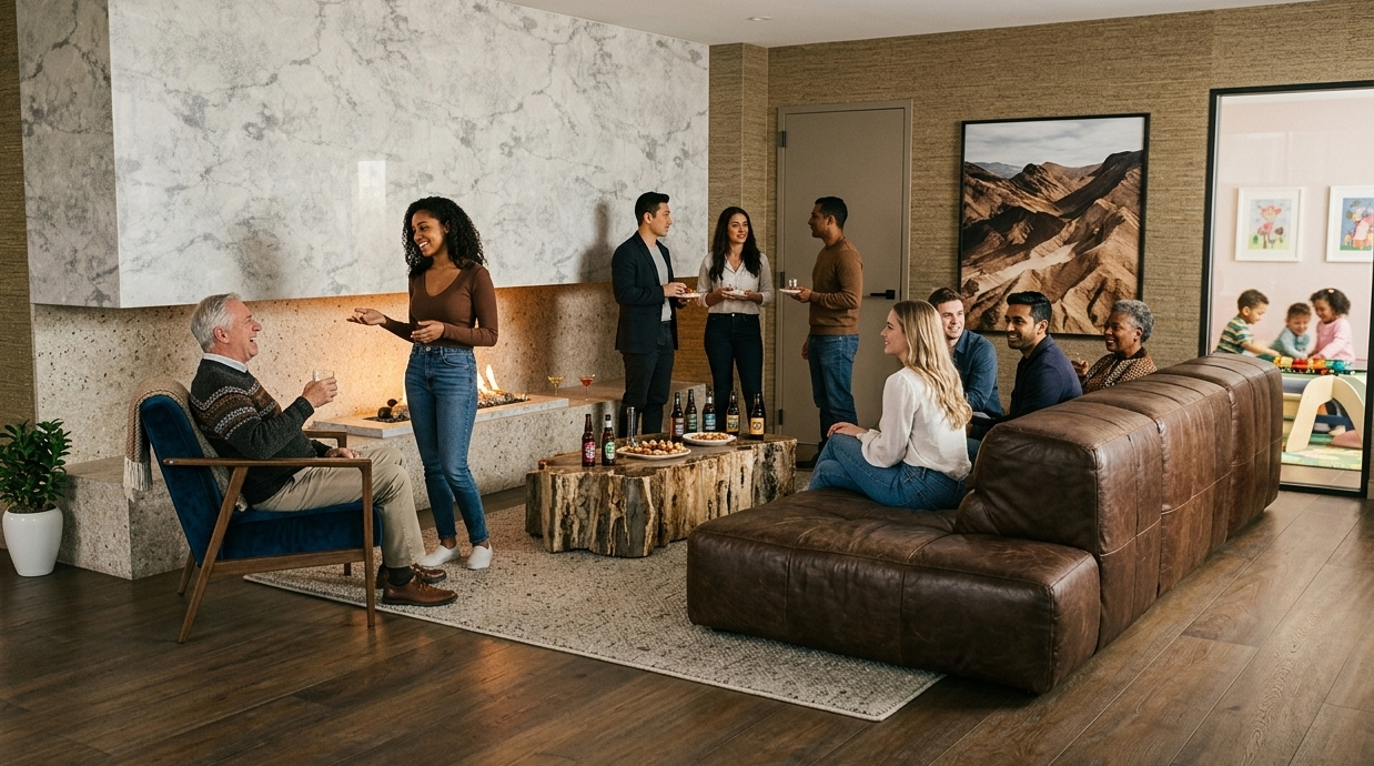 Santé Apartments — Clubhouse seating area with feature fireplace