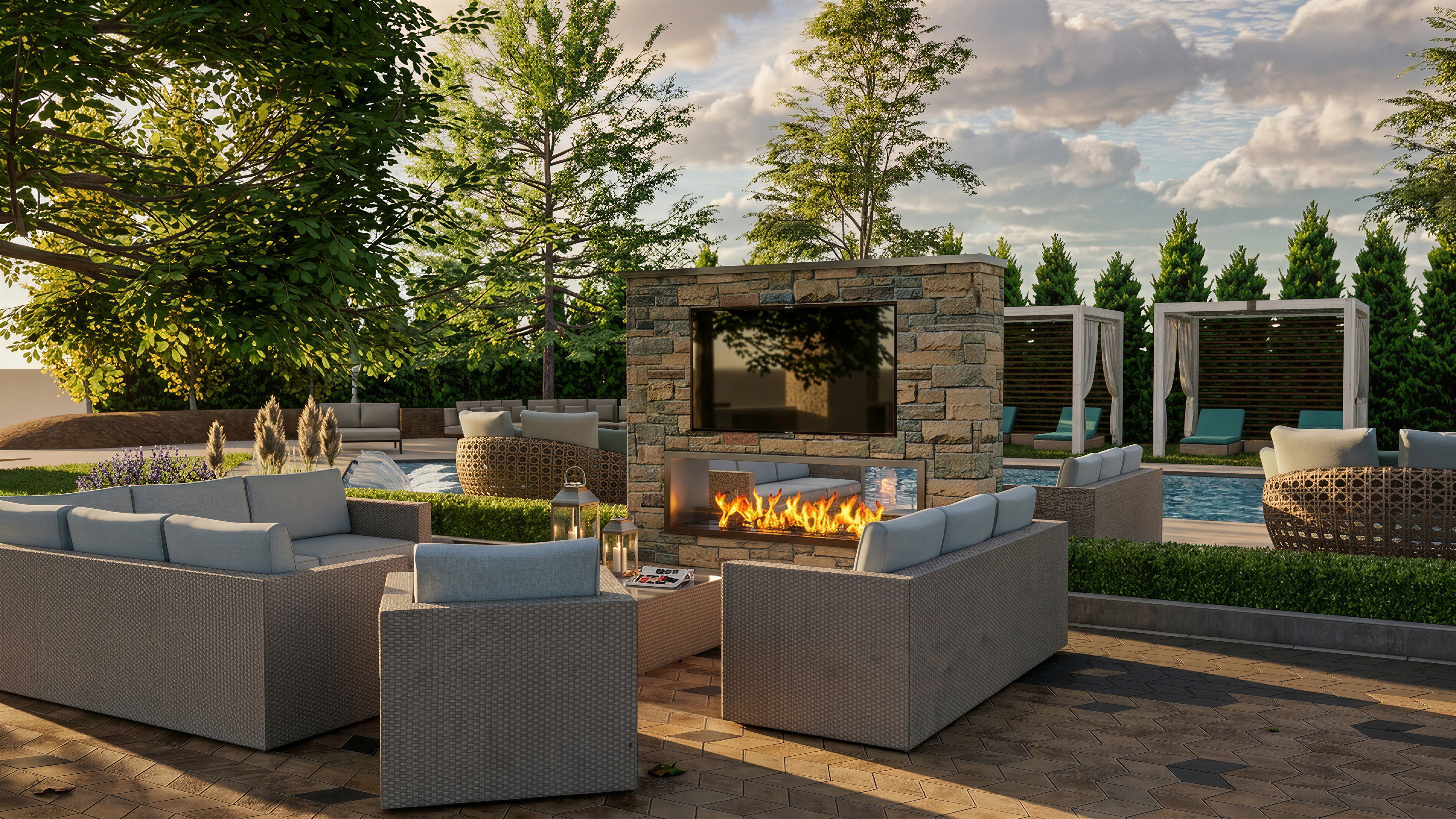 Santé Apartments — Outdoor fire lounge with statement fire pit